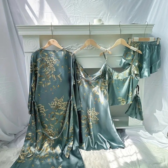 Satin Pajama Lingerie Set of 4 Pieces Robe Slip Cami Top Shorts - Picture 2 of 3